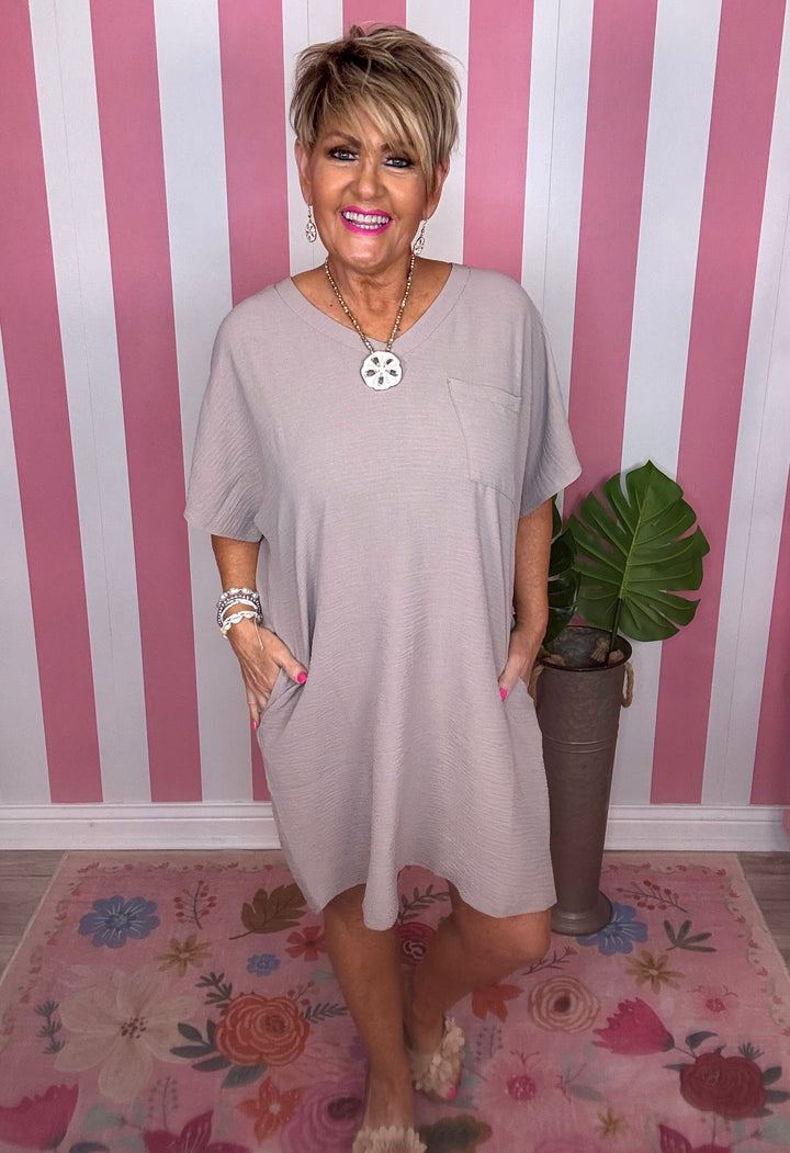 V Neck Woven Airflow V Neck Dress with Pockets-Ash Mocha