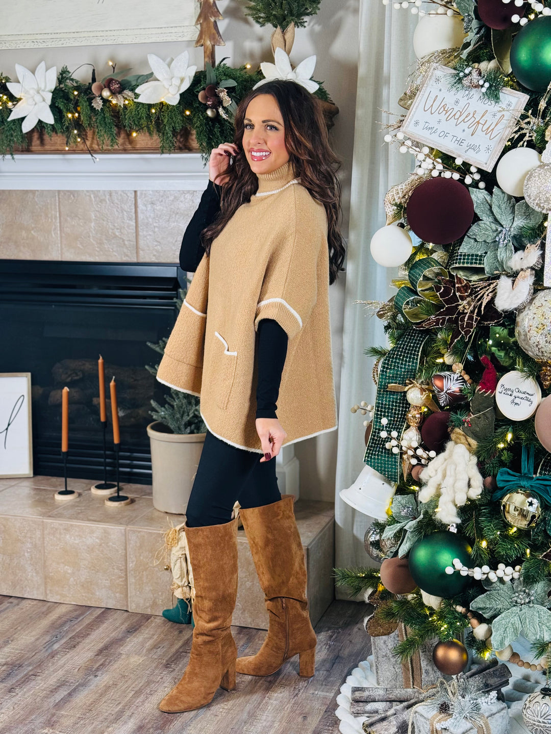 Cozy Turtle Neck Poncho With Arm Holes - 2 Color Options