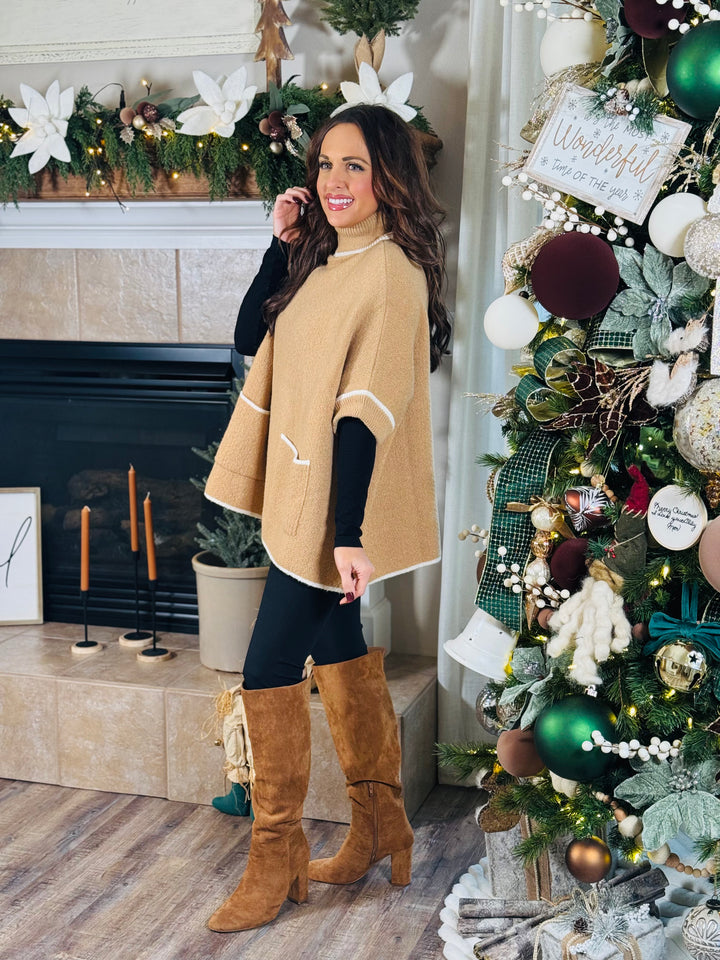 Cozy Turtle Neck Poncho With Arm Holes - 2 Color Options