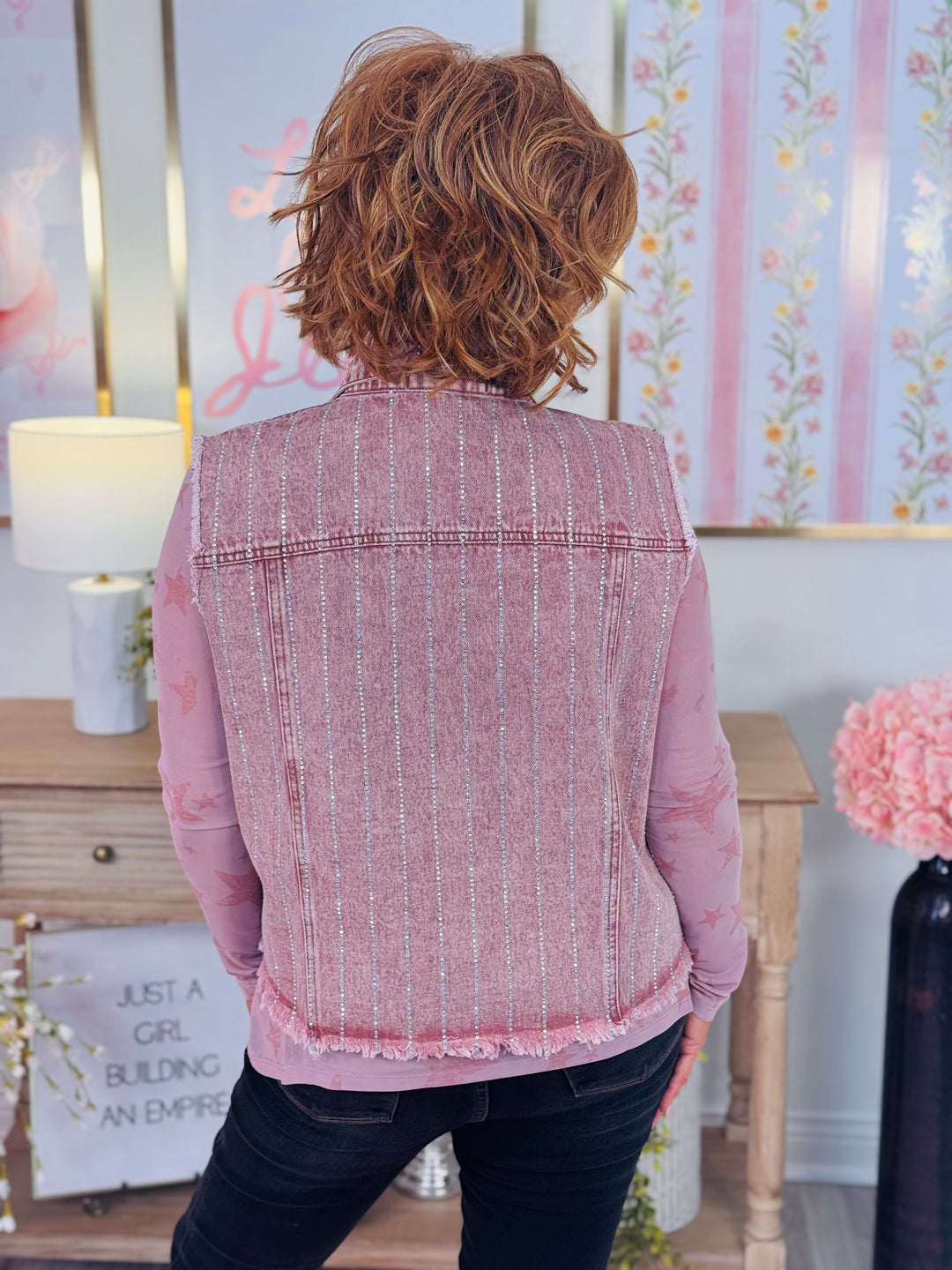 Raspberry Denim Vest w/ Stripe Sparkle Design
