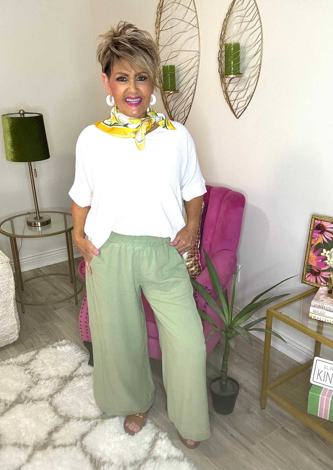 Elastic Waist Wide Leg Pants-2 Color Options-Blue and Sage