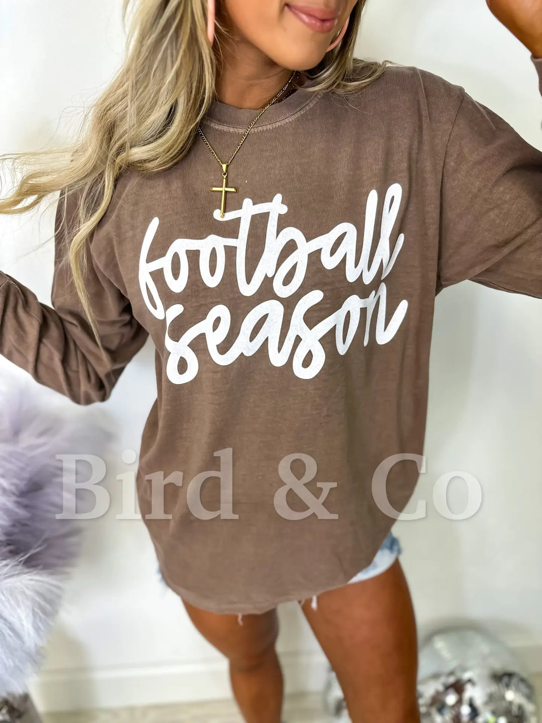 Espresso Long Sleeve Football Season Graphic Tee - Medium Through Extended Sizes