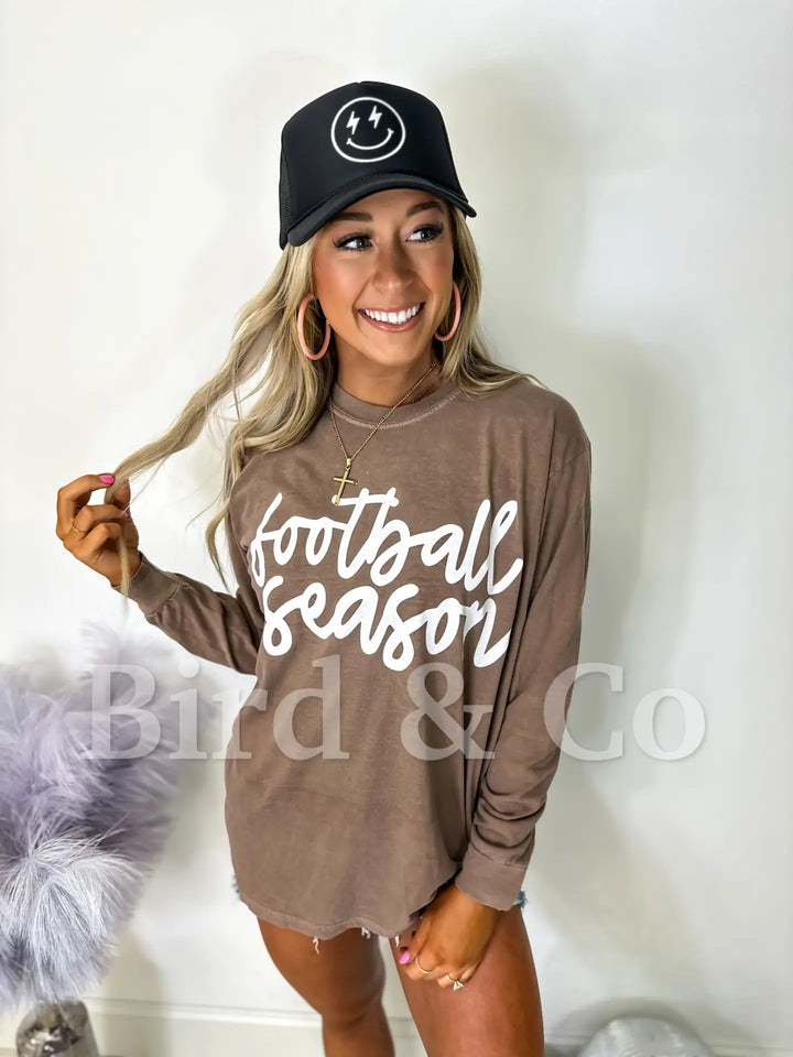 Espresso Long Sleeve Football Season Graphic Tee - Medium Through Extended Sizes