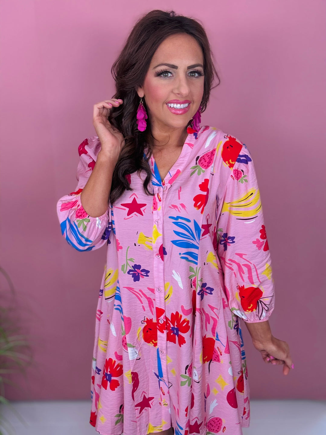 Pink Printed V-Neck 3/4 Sleeve Shirt Dress