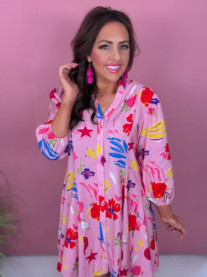 Pink Printed V-Neck 3/4 Sleeve Shirt Dress