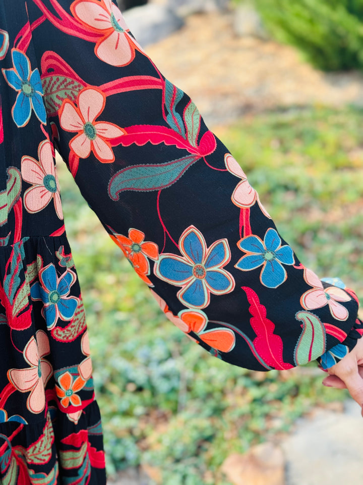 Black Floral Printed Gauze Tiered Dress