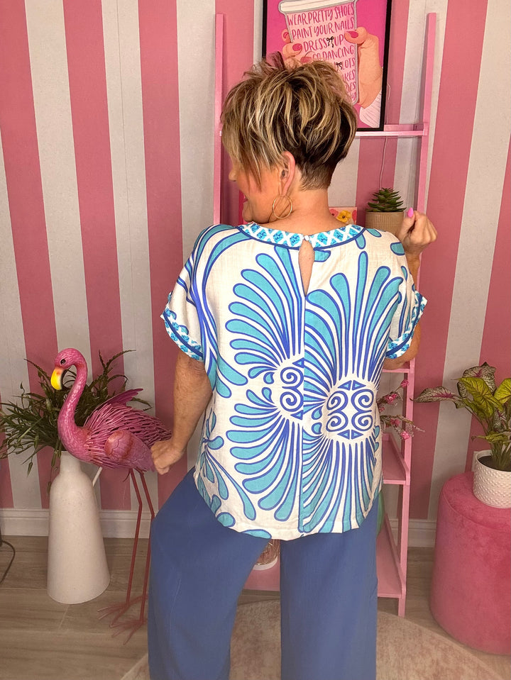Boho Floral Print Short Sleeve Top-Blue