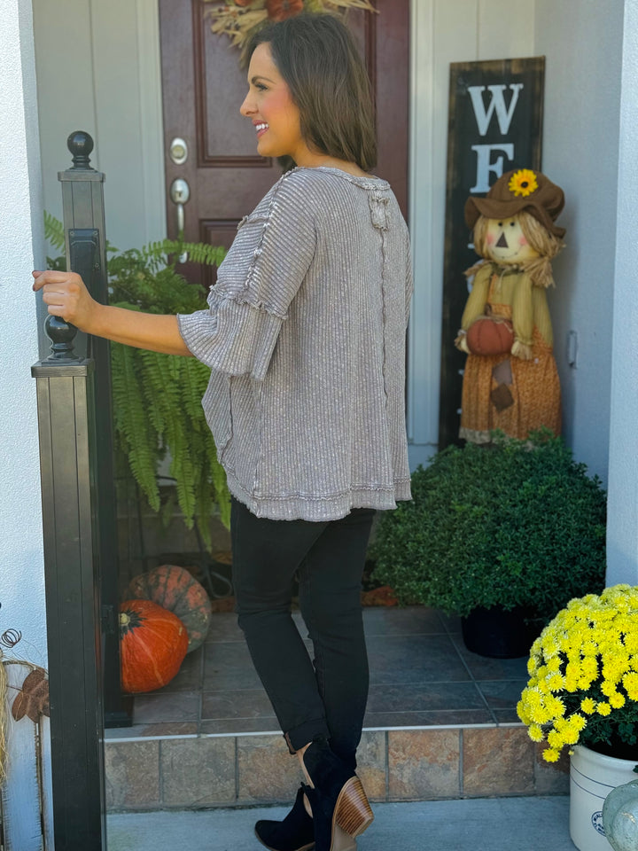 Mocha Mineral Washed Thermal Knit Top