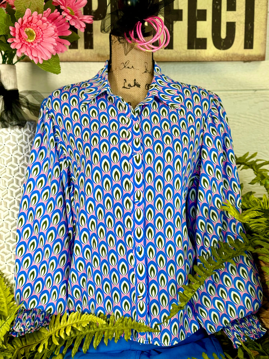 Blue Printed Blouse W/ Bubble Sleeves