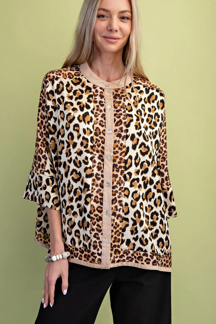 Mixed Leopard Print Button Down