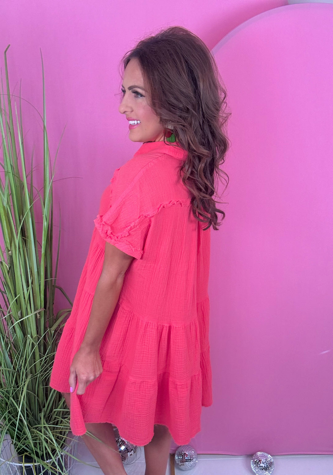 Coral Tiered Gauze Dress