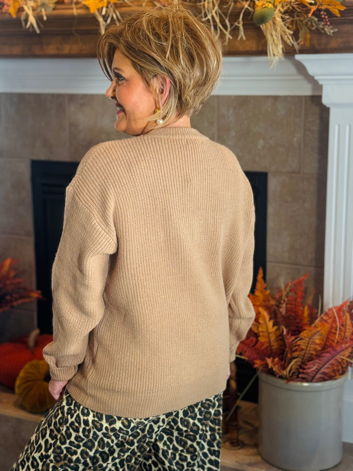 Dusty Brown Thankful Pumpkin 3D Embroidered Sweater
