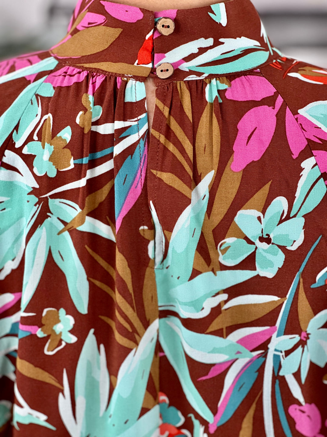 Tropical Print Mock Neck Challis Blouse - 2 Color Options