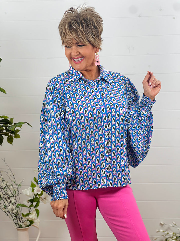 Blue Printed Blouse W/ Bubble Sleeves