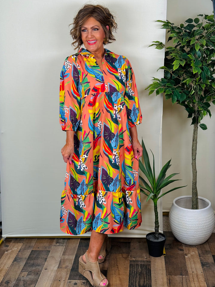 Apricot Tropical Print A-Line Collared V-Neck Midi Dress with 3/4 Sleeves - Available Small Through Extended Sizes