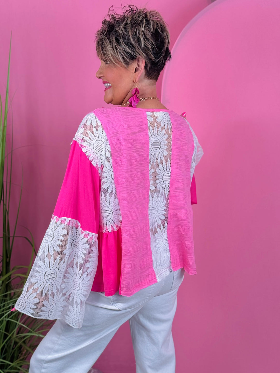 Candy Pink Flare Sleeve Top w/Lace Detail