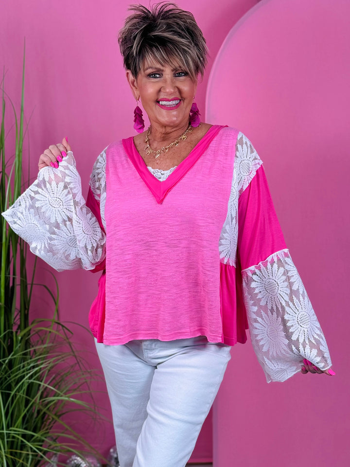 Candy Pink Flare Sleeve Top w/Lace Detail