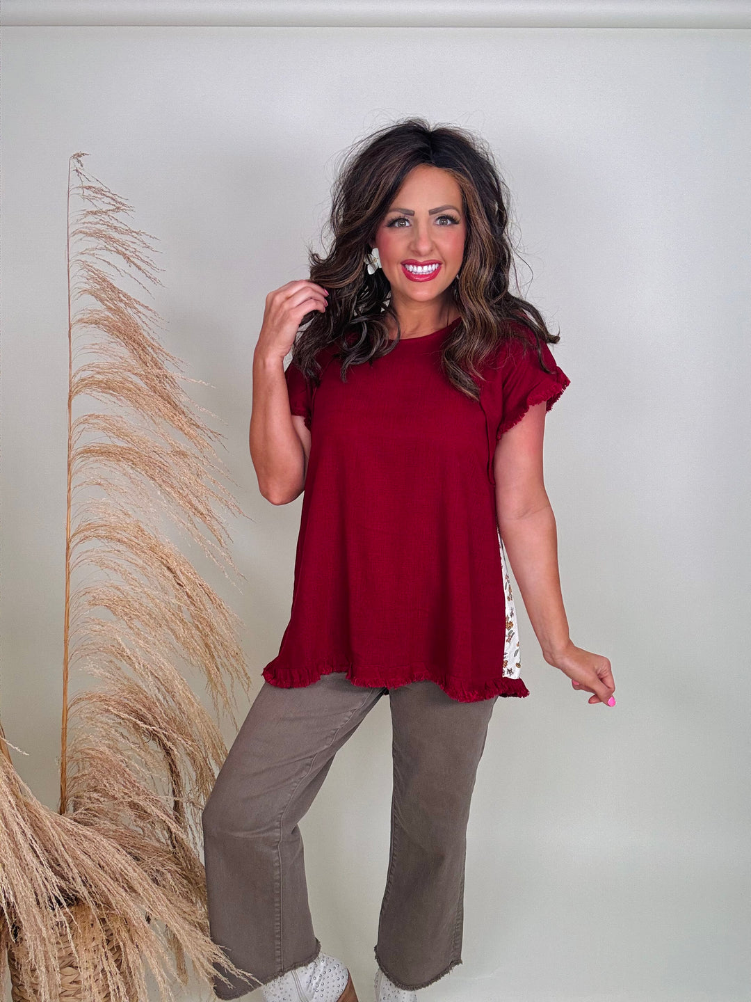 Linen Blend Scoop Neck Shirt, Frayed Hem & Mixed Print Back - 2 Color Options - Available Small Through Extended Sizes