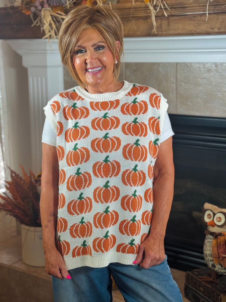Ivory Pumpkin Print Sleeveless Sweater Knit Top