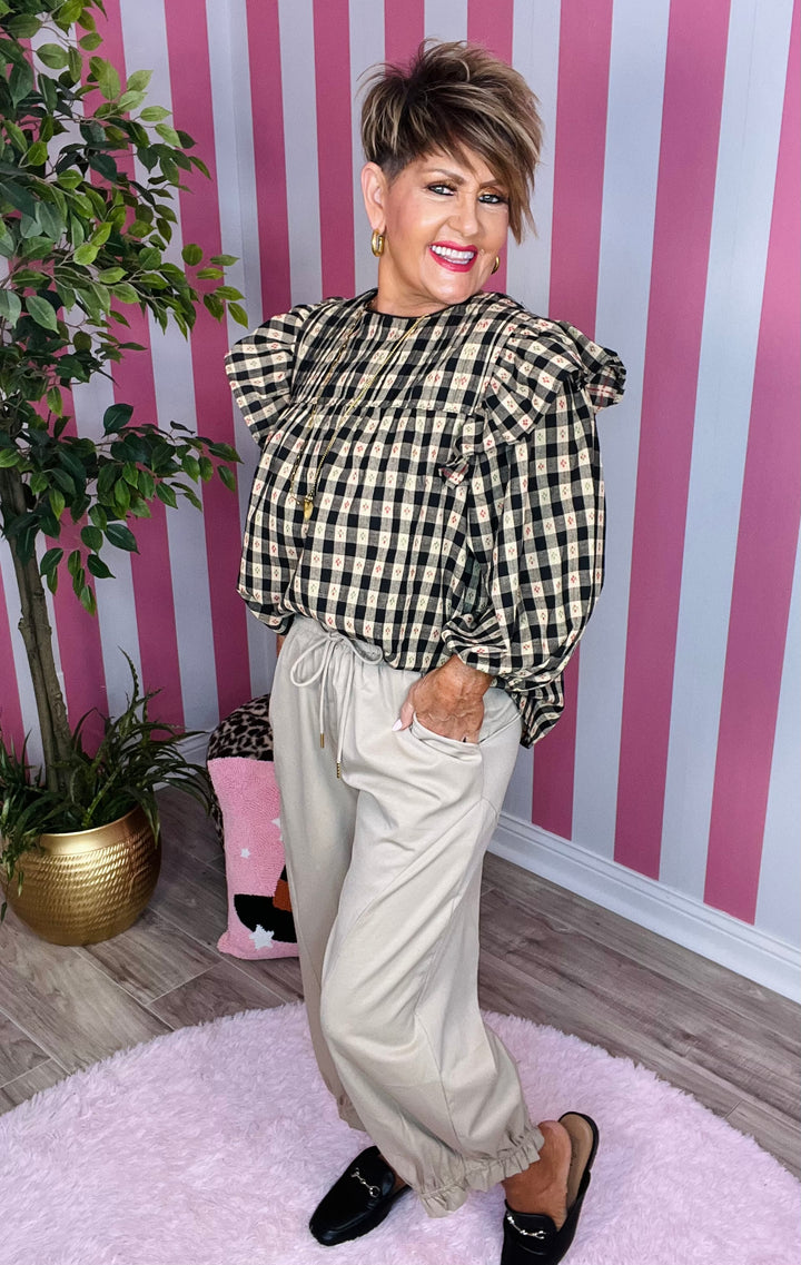 Gingham Print Blouse-Black