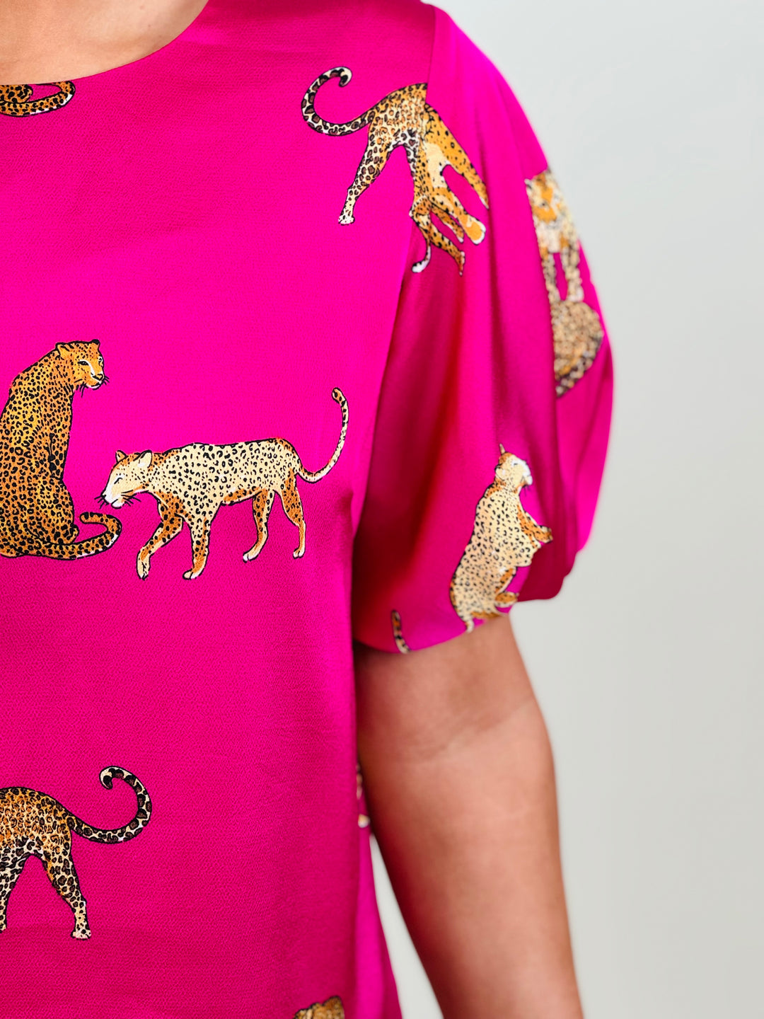 Pink Leopard Print Puff Sleeve Mini Dress