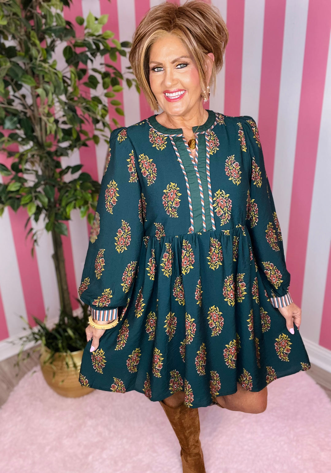 Floral Dress with Striped Detail-Hunter Green