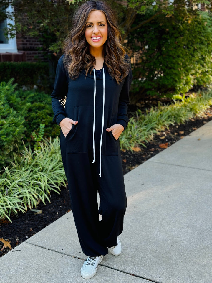 Black Hooded Jumpsuit - Available Small Through Extended Sizes