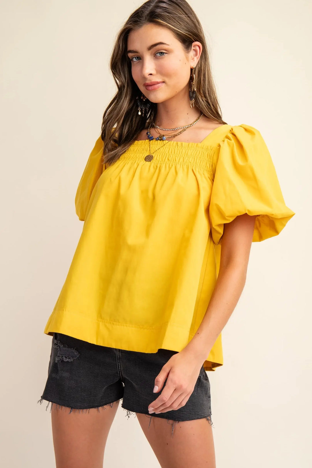 Smocked Puff Sleeve Top-Mustard