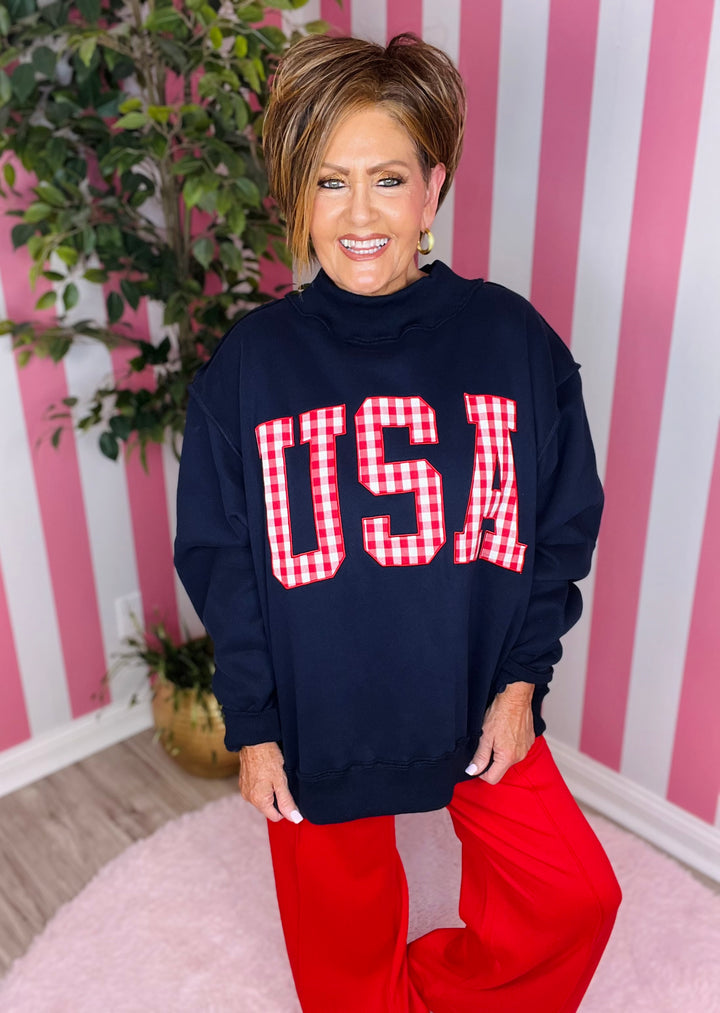 Navy Mock Neck with Red Gingham USA