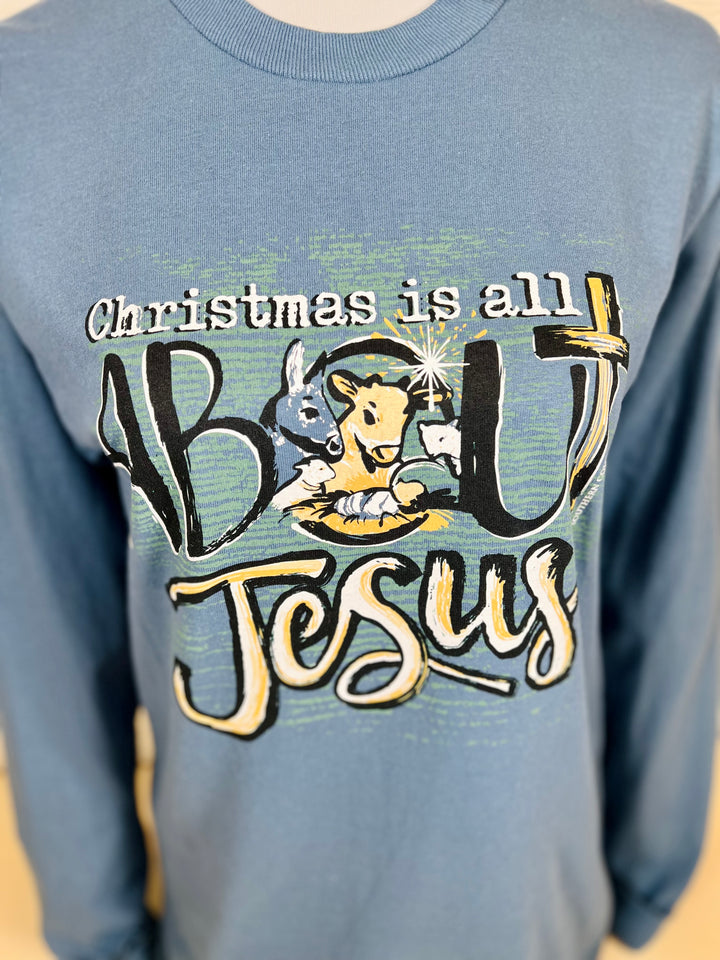 Indigo Long Sleeve Soft Christmas Is All About Jesus Tee - Available Small Through Extended Sizes