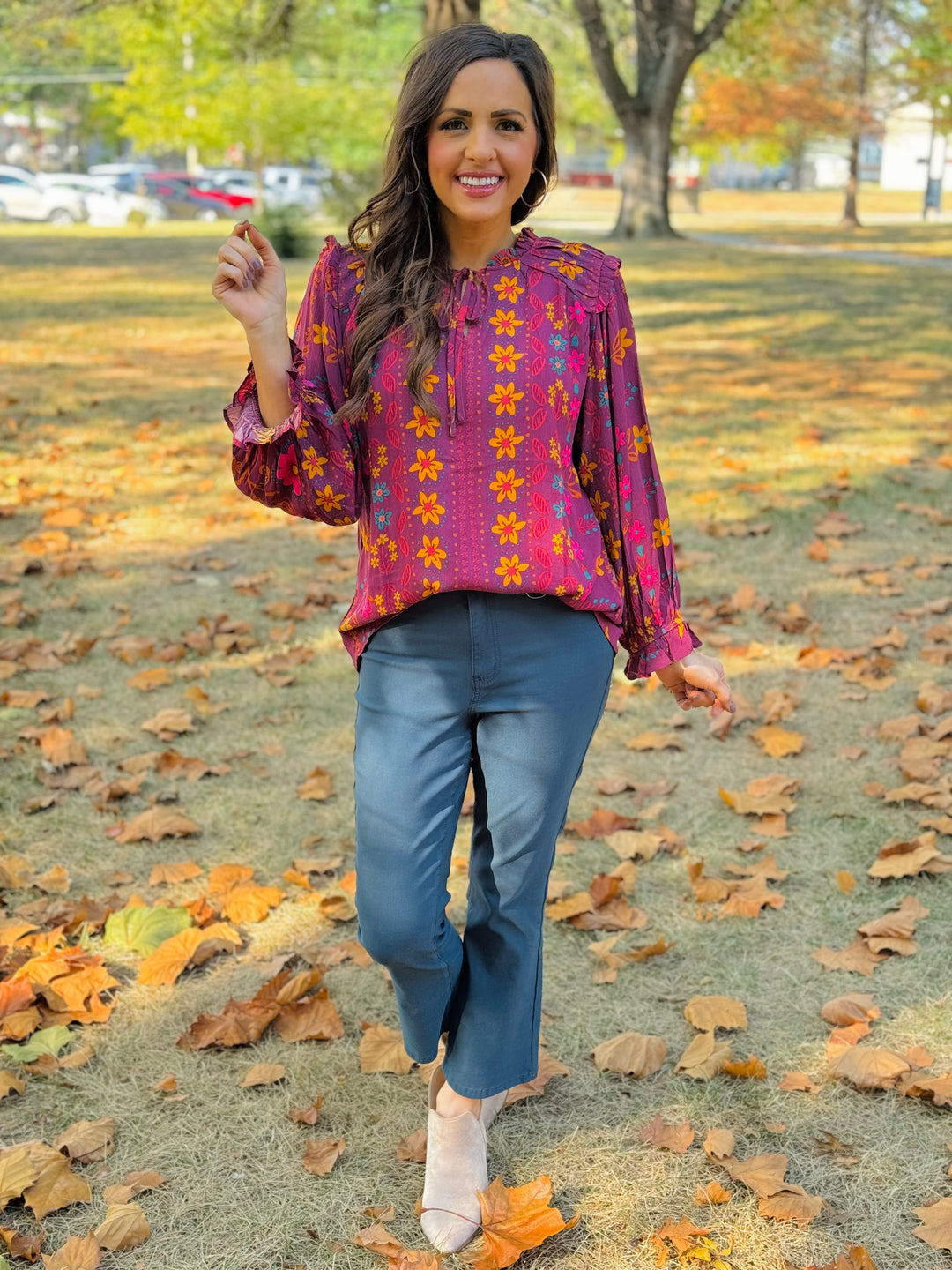 Mulberry Floral Printed V-Neck Woven Blouse - Small Through Extended Sizes