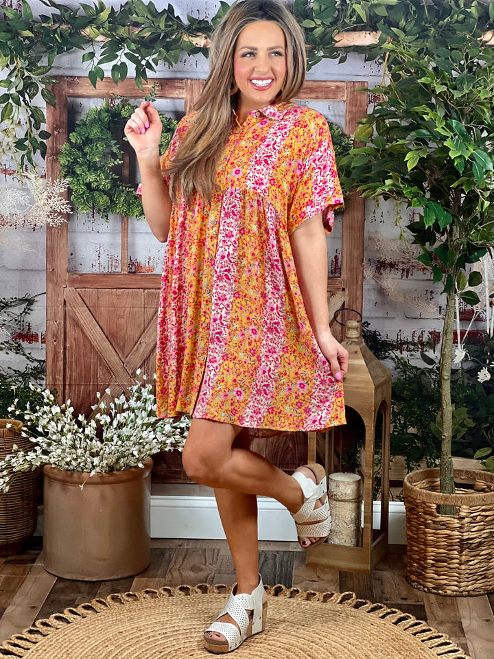 Floral Printed Button Down Shirt Dress - 2 Color Options - Available S - Extended Sizes