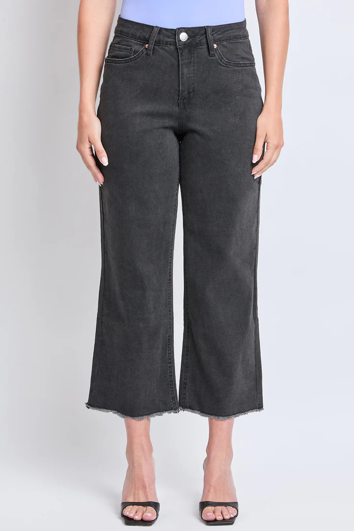 Faded Black High Rise Wide Leg Crop Raw Hem Jean - Available Sizes 4-16