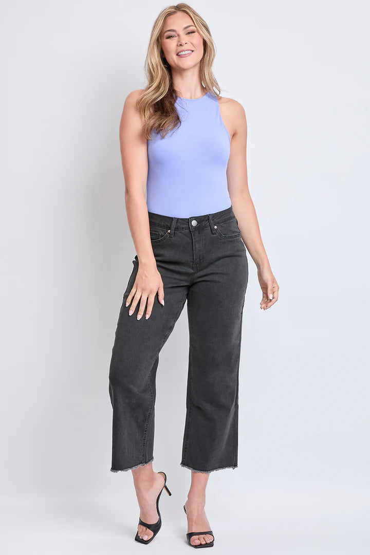 Faded Black High Rise Wide Leg Crop Raw Hem Jean - Available Sizes 4-16