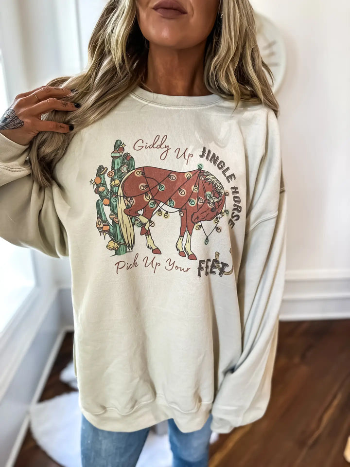 Sand Giddy Up Jingle Horse Crewneck Sweatshirt - Medium Through Extended Sizes