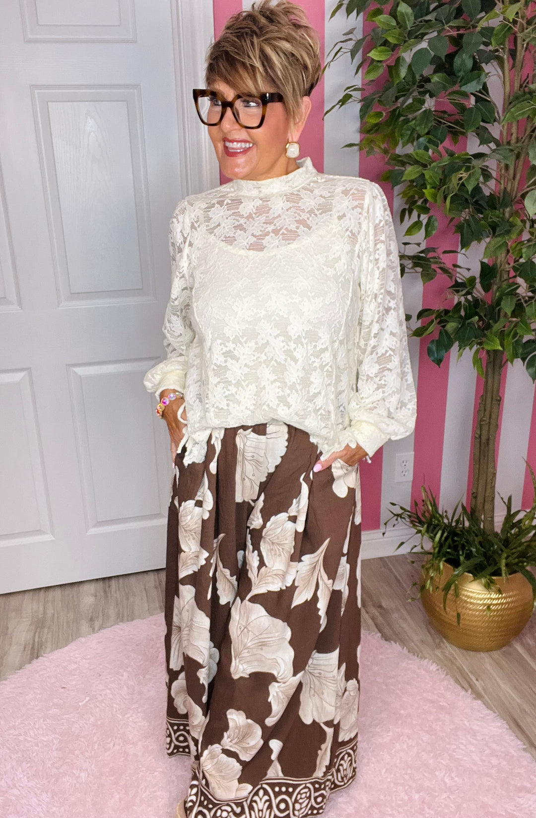 Botanical Print Wide Leg Pants-Brown