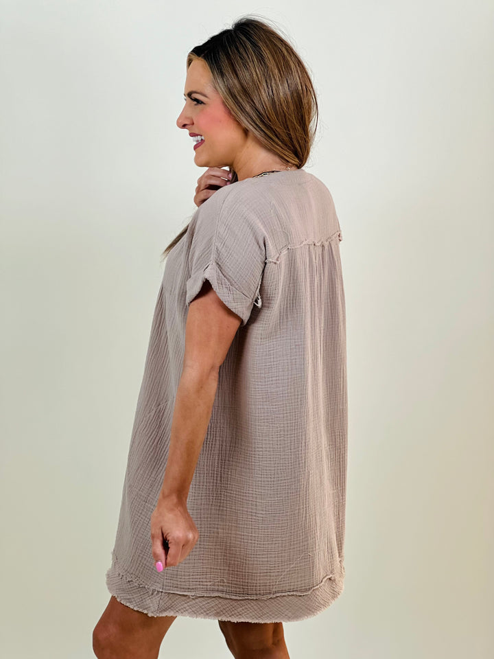 Gauze Rolled Short Sleeve Raw Edge V-Neck Dress - 7 Color Options
