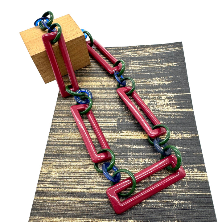 Maroon & Forest Rectangle Link Necklace