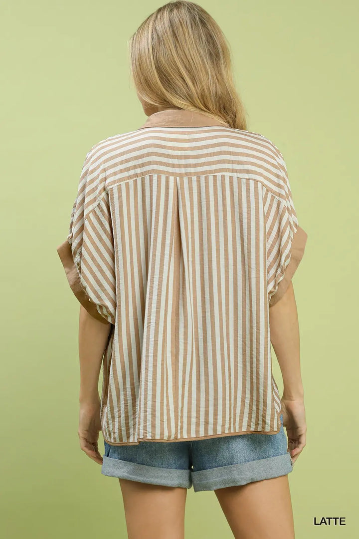 Stripe Collared Oversize Top-Latte