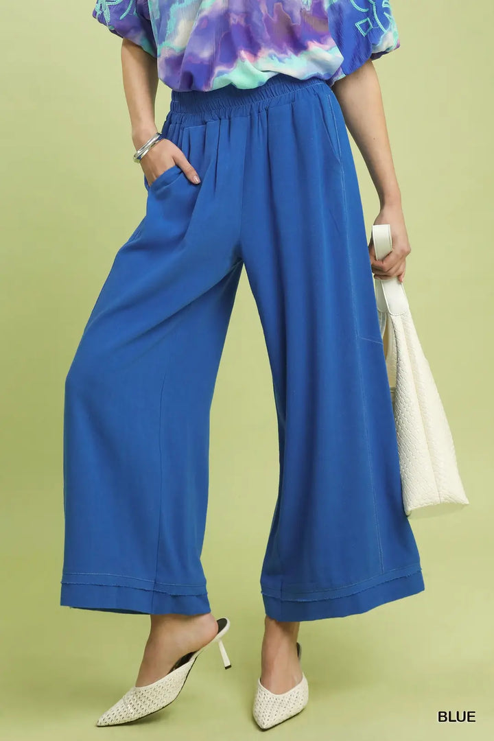 Elastic Waist Wide Leg Pants-2 Color Options-Blue and Sage