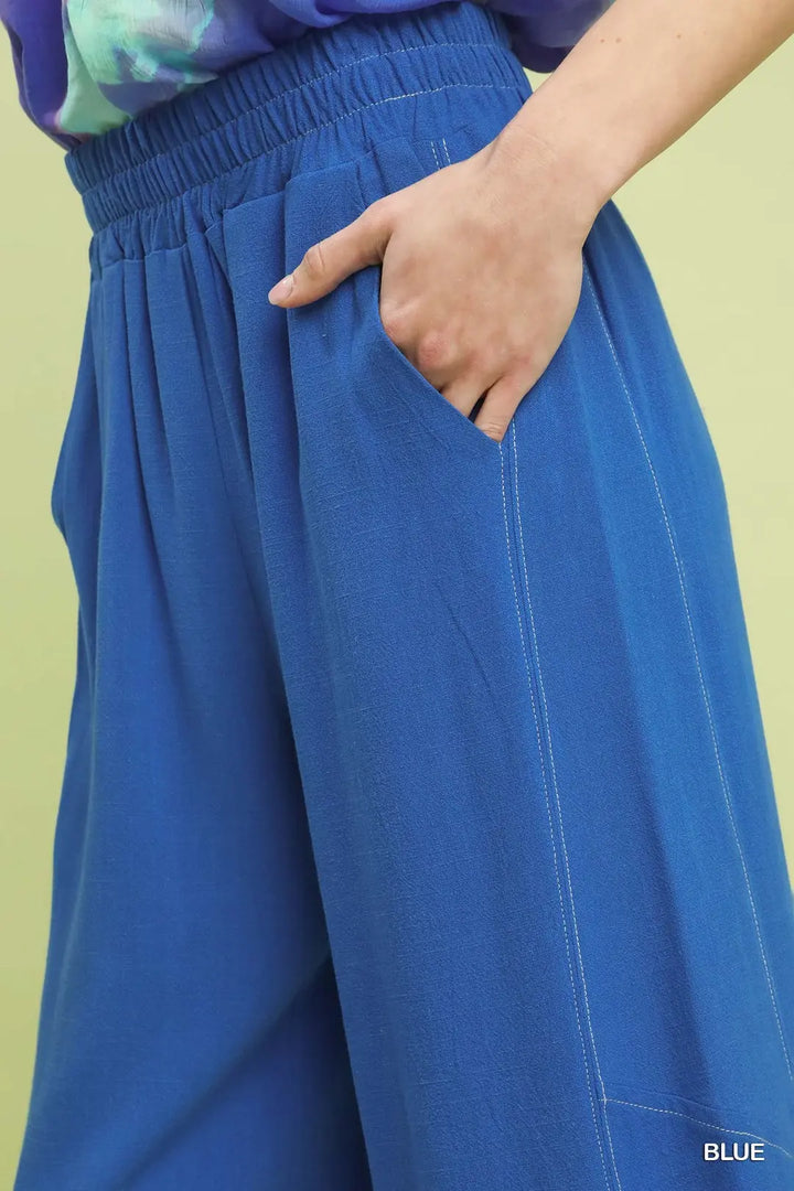 Elastic Waist Wide Leg Pants-2 Color Options-Blue and Sage