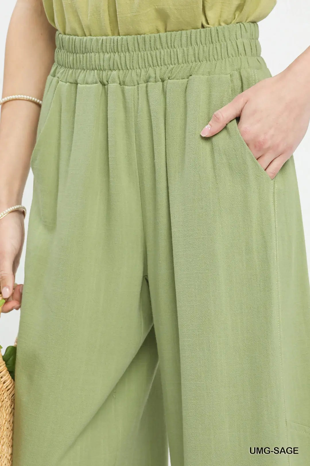 Elastic Waist Wide Leg Pants-2 Color Options-Blue and Sage
