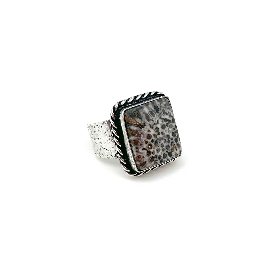 Black Fossil Coral Kashi Semiprecious Large Stone Ring