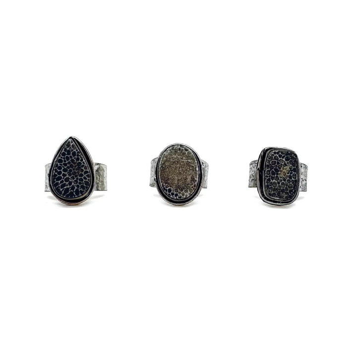 Black Fossil Coral Kashi Semiprecious Large Stone Ring