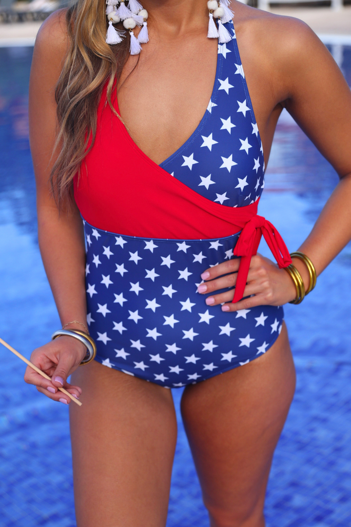 PREORDER-Liberty Wave Halter Swimsuit, Red/Blue