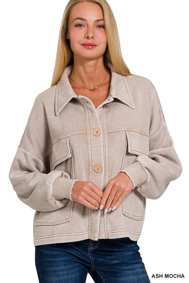 Acid Wash Fleece Front Cropped Shacket