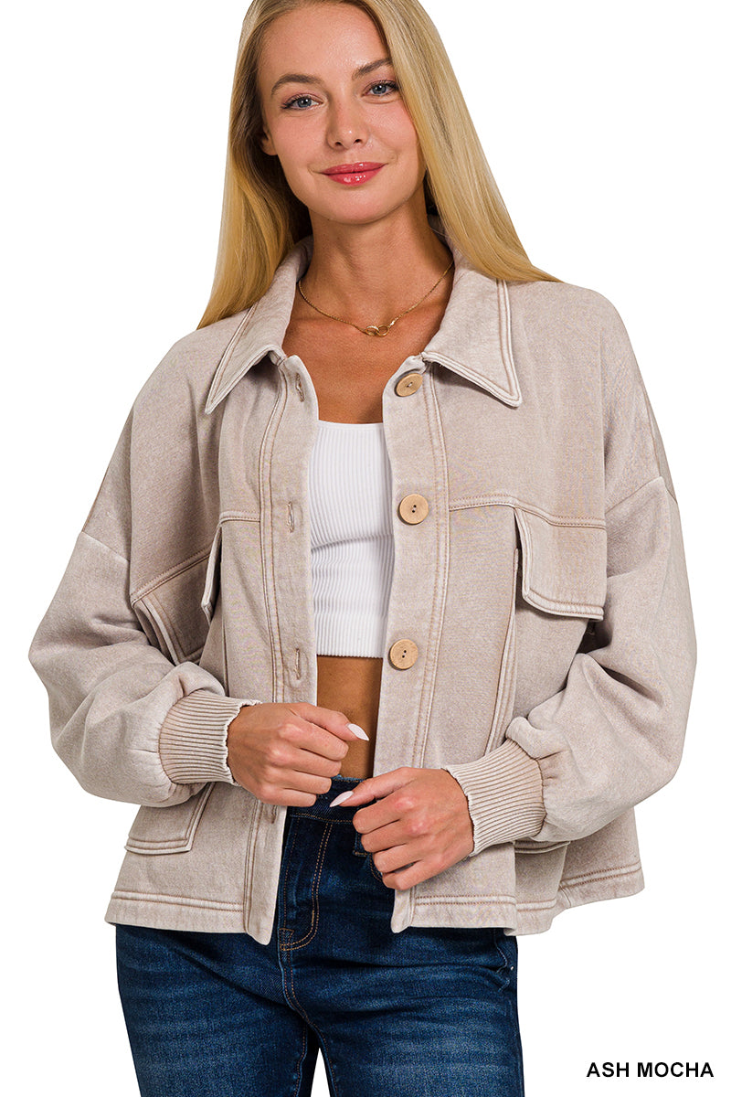 Acid Wash Fleece Front Cropped Shacket