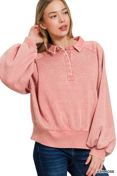 Acid Wash Fleece Buttoned Up Collared Pullover - 4 Color Options