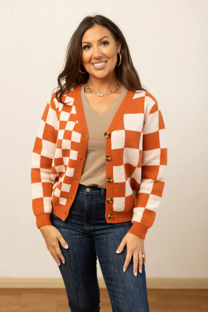 Ophelia Orange Checkered Cardigan - S/M Through Extended Sizes