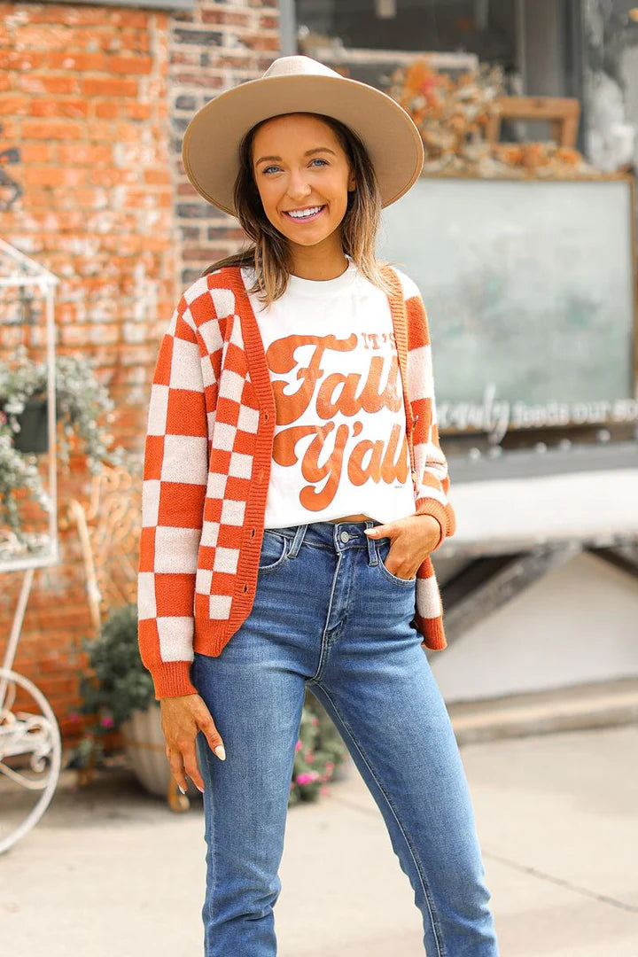 Ophelia Orange Checkered Cardigan - S/M Through Extended Sizes